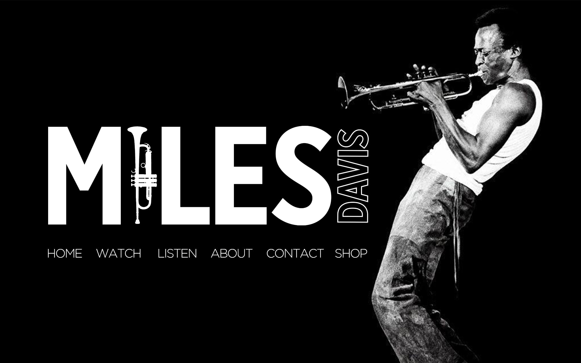 Miles Davis website homepage design with monochrome trumpet player and custom wordmark