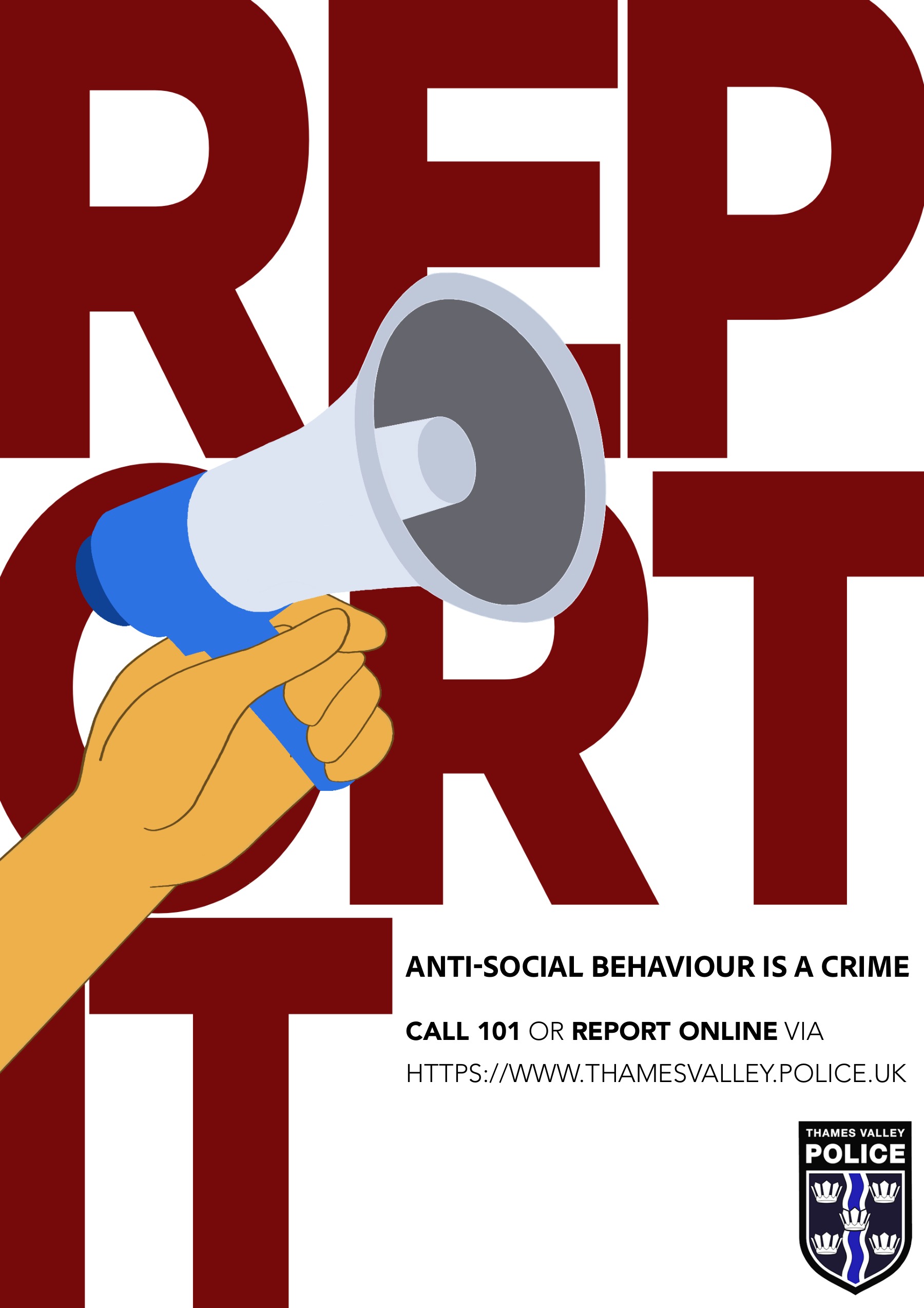 Thames Valley Police noise campaign poster with a hand holding a megaphone