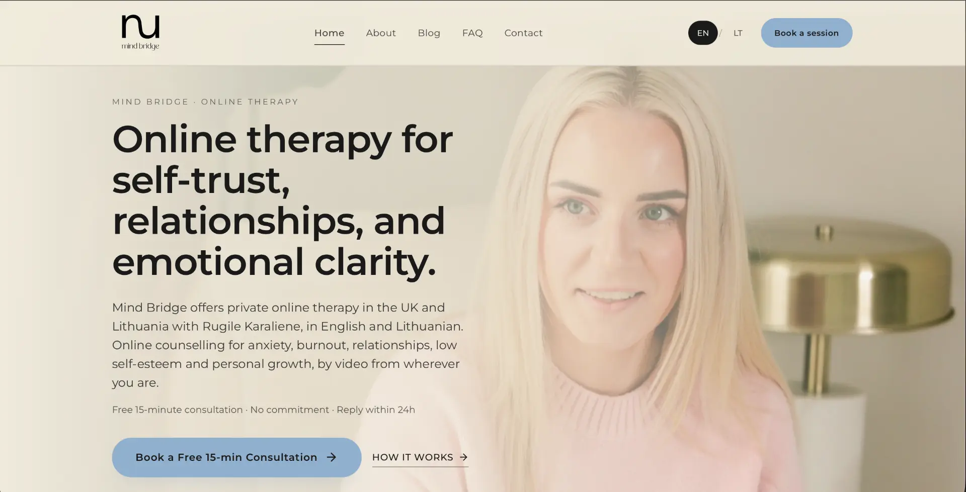 Mind Bridge website showing Rugile’s online therapy services