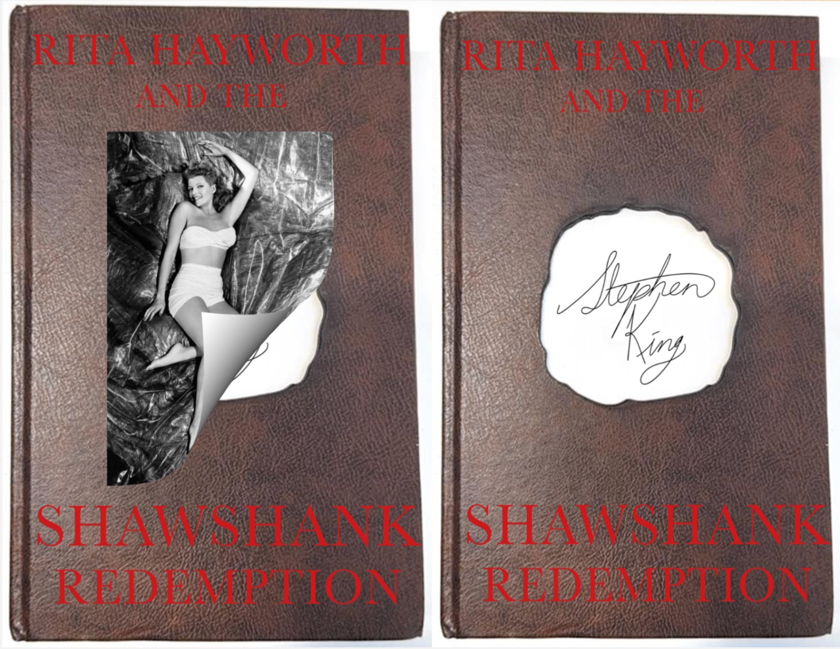 Front and back covers of the Shawshank Redemption book jacket concept, the back revealing a Stephen King signature