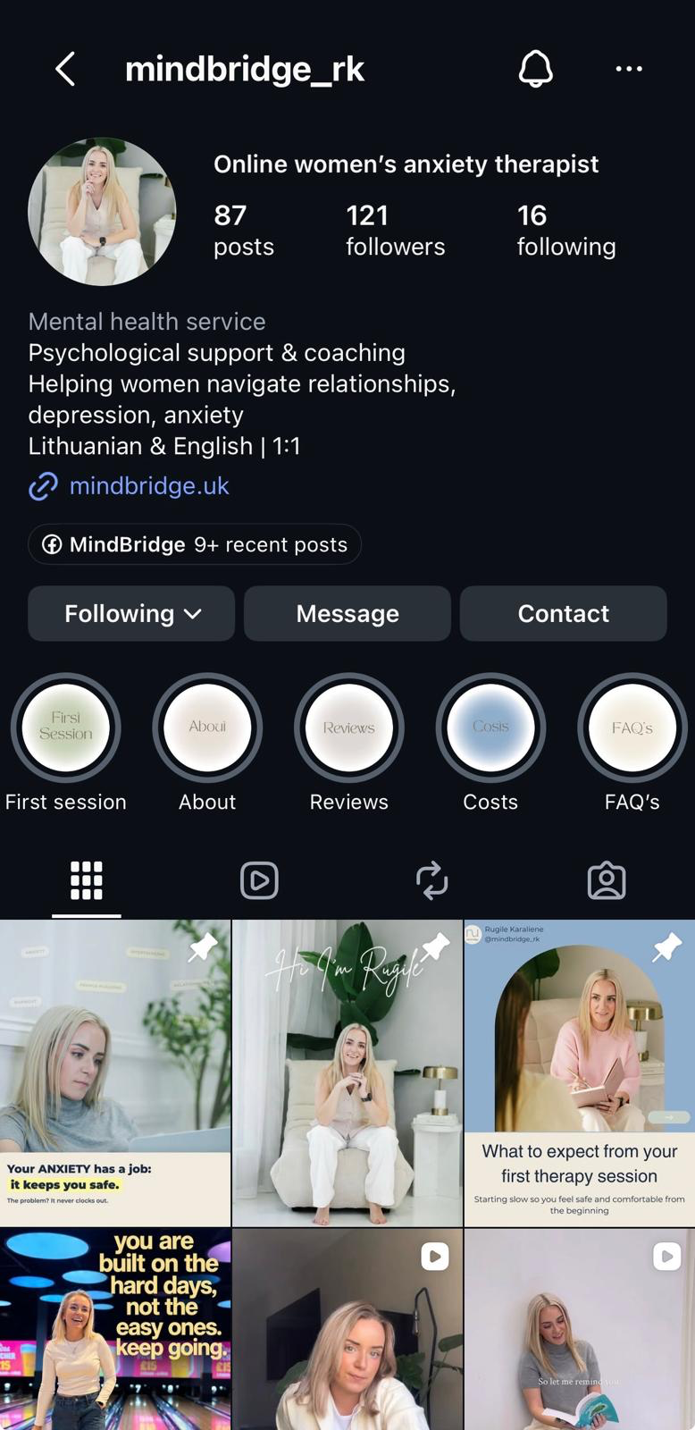Mind Bridge Instagram profile and branded therapy content