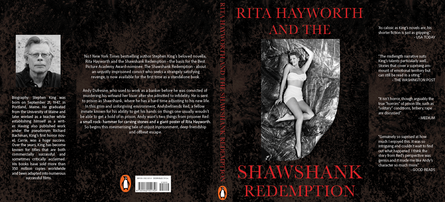 Full dust jacket spread of the Shawshank Redemption re-design with biography, synopsis and review quotes